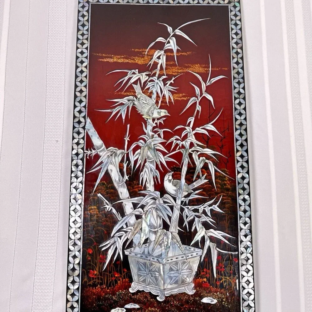 Vintage Mother of Pearl Inlay Lacquer Wall Panel Bamboo Birds Red Sunset Asian
